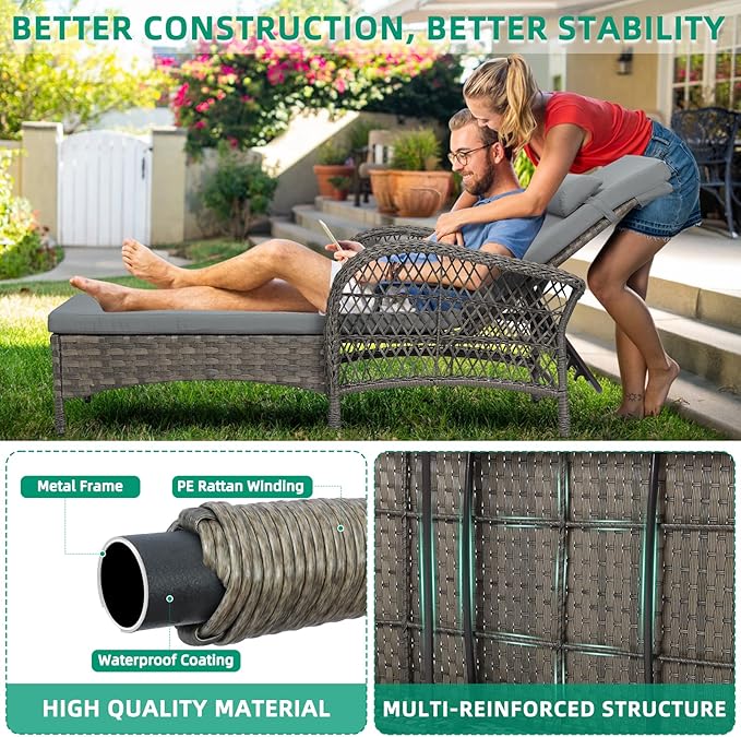 VIVIJASON Outdoor Wicker Chaise Lounge Chair, All-Weather PE Rattan Cushioned Patio Lounger Set with Side Table, 6-Position Adjustable Outside Pool Sunbathing Recliner with Armrest & Pillow, Gray