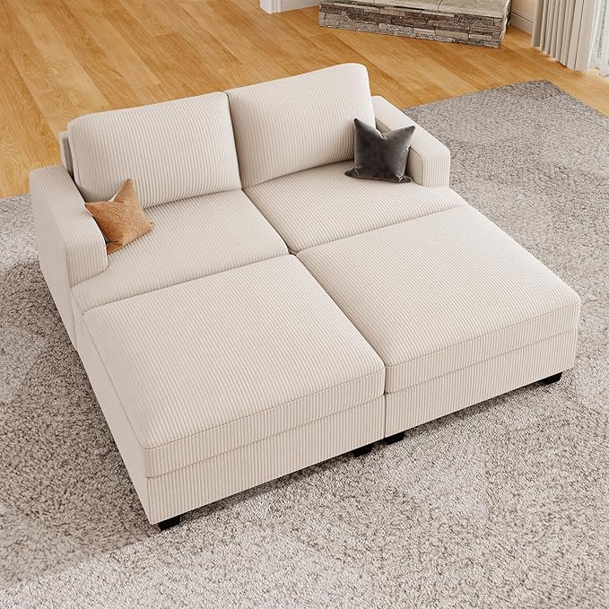 Nolany Corduroy Sectional Couch with Storage Ottoman, Sleeper Sectional Sofa, Modular Sectional Couches for Living Room, Beige