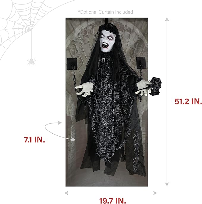 Haunted Hill Farm Animatronic Scary Demon Widow Door Greeter with Touch Activated Lights and Sound, Battery-Operated Indoor or Covered Outdoor Halloween Decoration