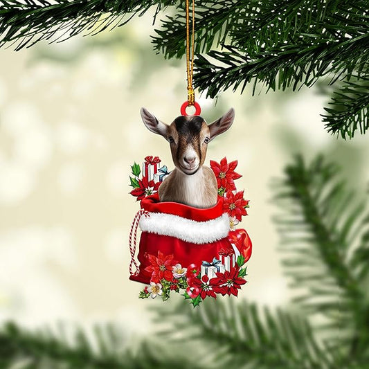 Talataca Goat 2D Flat Christmas Ornament, Goat in Red Santa Gift Bag Pine Tree Decor, Hanging House Charm Eve Keepsake, Car Rear View Mirror Accessories, Xmas Gift