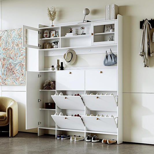 Ball & Cast Tipping Bucket 3-Tier Shoe Cabinet with 6 Flip Drawers and Storage Shelf,Entryway Hall Tree with Tempered Glass Doors and 4 Hooks,for Hallway,Mudroom,Living Room,White