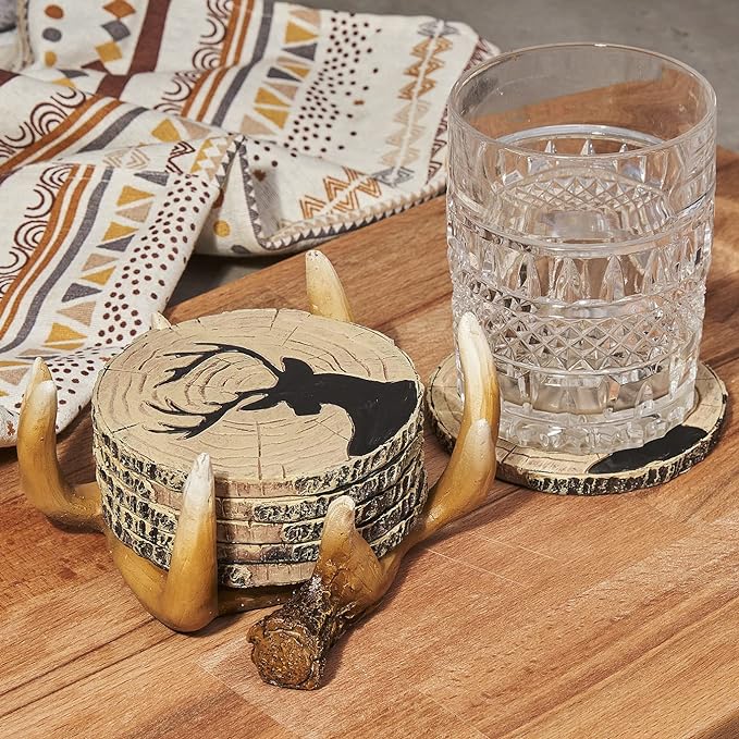 Deer Antlers Coaster Set of 6 – Handcrafted Deer Antler Decor and Man Cave Gifts for Men - 6 Full Size Deer Antlers Coasters for Man Cave Décor