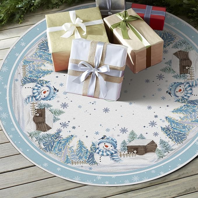 AVOIN colorlife Snowflake Snowman Cardinal Christmas Tree Skirt 48 Inch, Winter Holiday Tree Mat Decoration