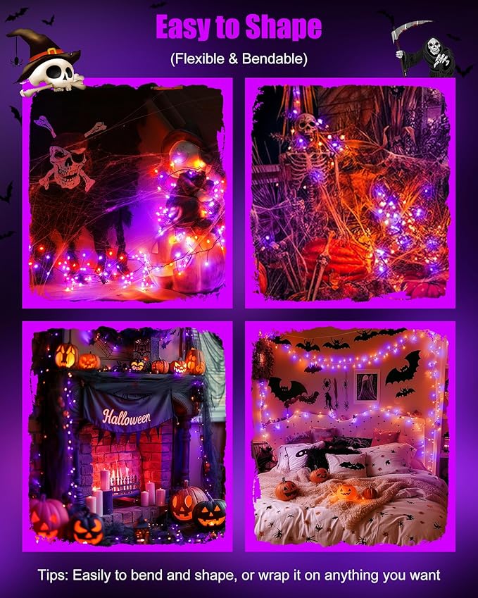 Fairy Lights Battery Operated, Twinkle String Lights Waterproof Silver Wire 5 Feet 60 Led Firecracker Starry Lights for DIY Wreath Party Bedroom Mason Jar Indoor Halloween Decoration, Orange & Purple