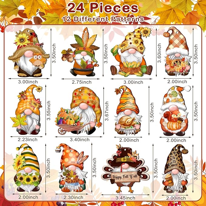 Fall Thanksgiving Gnomes Wooden Hanging Ornaments, Autumn Wood Hanging Pendant Decoration for Fall Tree Wooden Tags Slices Cutouts for Classroom Home Decor Holiday Party Supplies