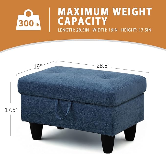 Ottoman Rectangular Storage Ottoman Bench, Flannel Footrest Stool Footstool with Lid for Living Room, Bedroom, Entryway, Blue, 28.5"x19"x17.5"