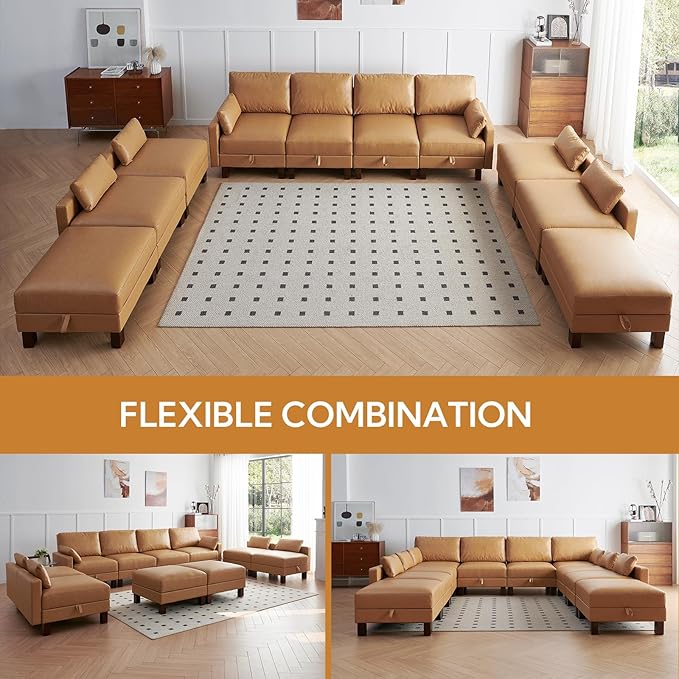 U Shape Sectionals Sofa Couch with Storage, Faux Leather 10 Seater Sofa, Big Comfy Couch, Large Sectionals for Big Space, House, Office, Tan