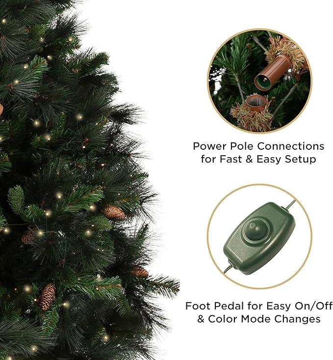 Papyrus 7 ft Pre-Lit Artificial Christmas Tree, Carolina Pine, Pine Cones, Warm White Lights, Includes Stand and Storage Bag