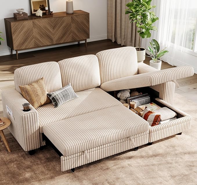 LINSY HOME Sectional Sleeper Sofa with Pull Out Couch Bed - Convertible Plush Corduroy Cloud Couch with Storage Chaise & USB Charging, Comfy L Shaped Modular Couches for Living Room Apartment, Beige