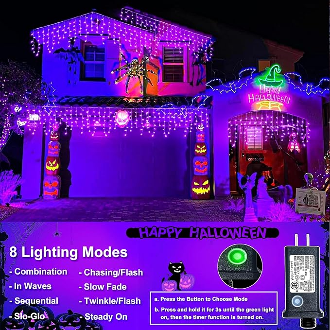Halloween Lights Outdoor, 33FT 400 LED Purple Icicle Lights for Outside with Waterproof 8 Modes, Plug in Connectable Curtain Twinkle Light for Indoor Bedroom Patio Yard Party Holiday Decorations