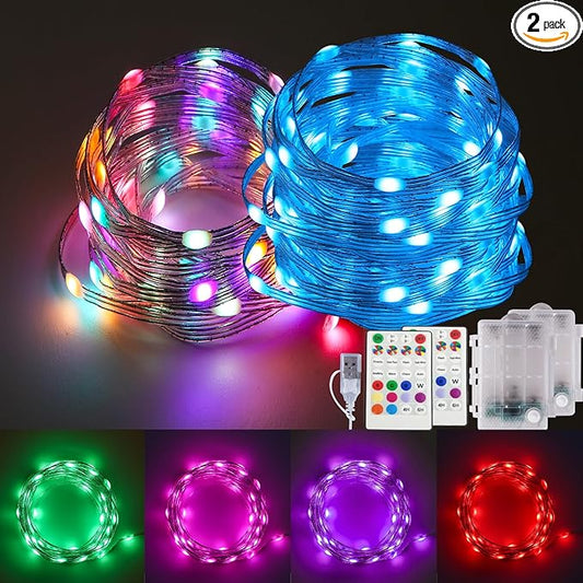 Fairy Lights Battery Operated Color Changing String Lights with Remote, 16.4FT 2 Pack Twinkle Lights USB Plug or Battery Powered, Outdoor Christmas Decorations for Bedroom Wedding Party Indoor