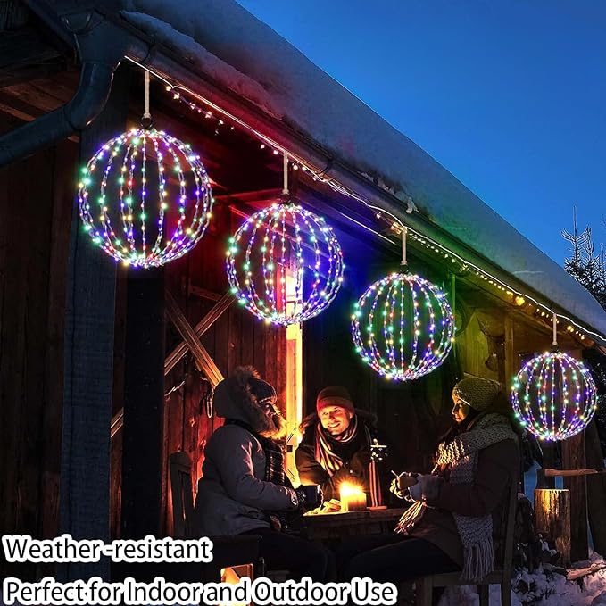 Outdoor Hanging Lighted Sphere, Christmas Decoration Light Balls, 2 in 1 Warm White and Multicolor Chandelier, 208 LED 16" Large Iron Frame Foldable Globe for Patio Tree Gazebo Decor-2Pack