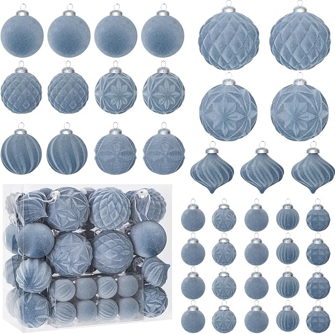 46PCS Velvet Christmas Ball Ornaments Set, Flocked Shatterproof Xmas Tree Decor, Assorted Hanging Ornaments with Loop for Holiday Home Decor, Christmas Tree, Mantel, Party Decoration (Gray Blue)