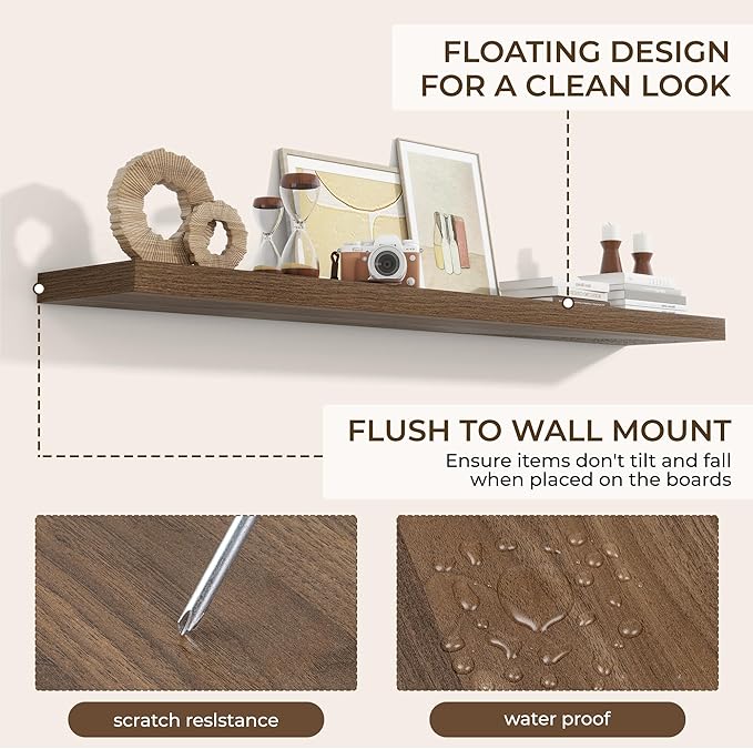 RICHFOCUS 72Inch Floating Shelves for Wall 1 Pack Shelves for Bedroom|Kitchen|Bathroom Wall Mounted Rustic Wood Floating Shelf with Invisible Brackets for Books|Storage|Decor, Walnut