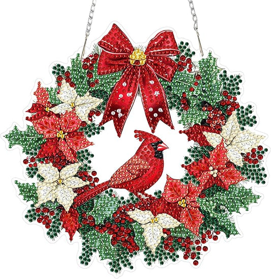 MEIYUDA Christmas Diamond Art Hanging Kits for Adult, Cardinal Wreath Diamond Painting Hanging Kits Ornaments, DIY Special Shaped Rhinestone Window Pendants kit for Home Garden Wall Decor Gift