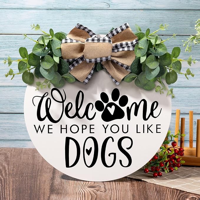 Asoulin Welcome Wreath 'We Hope You Like Dogs' Spring Decor Farmhouse Door Sign for Front Door Decor - Welcome Wreath Hanging Sign for Dogs Lovers Housewarming Gift