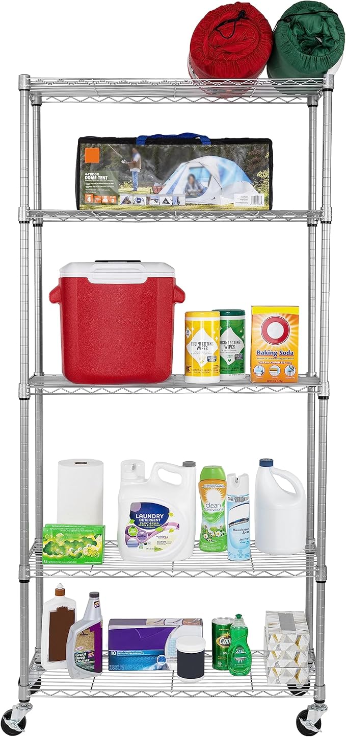 Seville Classics UltraDurable Heavy Duty NSF Solid Steel Wire Rack Storage Unit, Organizer for Garage, Warehouse, Office, Restaurant, Classroom, Kitchen, Silver, 5-Tier Shelving, 36" W x 14" D