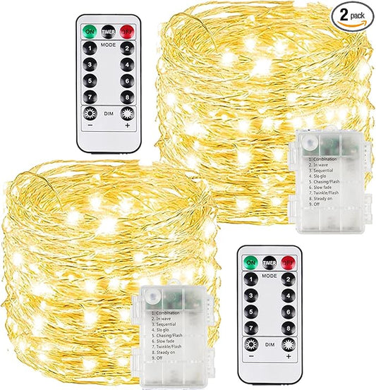 2 Pack 200LED Battery Operated Fairy Lights with Remote, 8 Modes LED String Lights with Timer, Dimmable, Memory Function, Waterproof Twinkle Lights for Outdoor Indoor Christmas Decor(Warm White)