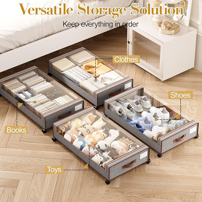 Yecaye Under Bed Storage with Wheels, 4 Pack Under Bed Storage Containers with Clear Lids & Label, XXL Large Lapacity Rolling Under Bed Drawers for Clothes, Shoes, Blankets
