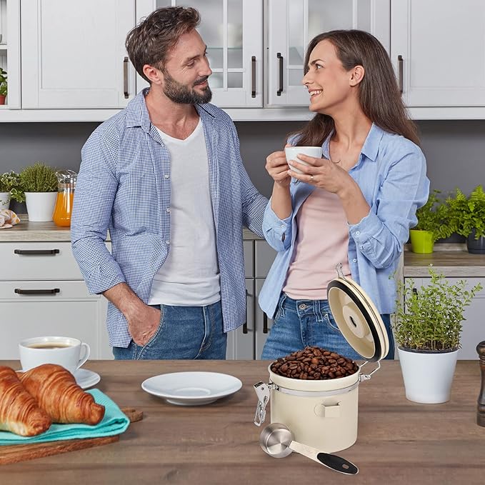 ShanSon Coffee Canister Airtight Coffee Container Stainless Steel Coffee Bean Storage Container with Scoop Coffee Canister for Beans Grounds Sugar Flour Tea Cereal,11OZ, Beige