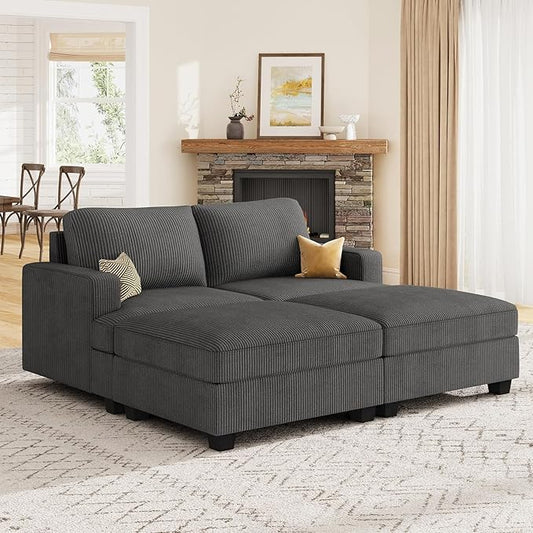 Nolany Corduroy Sectional Couch with Storage Ottoman, Sleeper Sectional Sofa, Modular Sectional Couches for Living Room, Dark Grey
