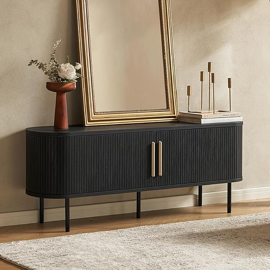 mopio Quin TV Stand, Mid Century Modern for 55/60/65 inch TV, Farmhouse TV Stand, Entertainment Center with Storage, TV and Media Console for Living Room (Black, 59" Tambour)