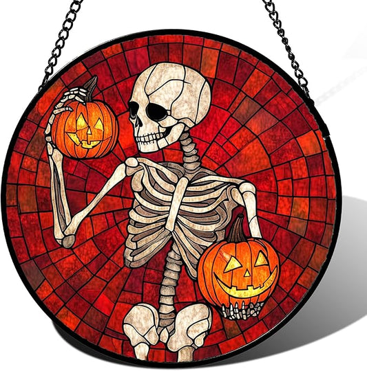 Stained Glass Window Hanging - Halloween Decorations Skeleton Pumpkin Suncatcher for Doors Garden Indoor Spooky Funny Sun Catchers Gothic Decor Horror Gifts for Women Men Friend 15 in