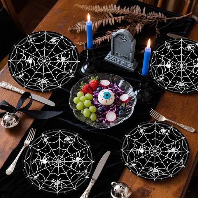 40Pcs Halloween Paper Plates and Napkins Party Supplies, Spider Web Plates Napkins Disposable Dinnerware Set for Spooky Halloween Party Decorations