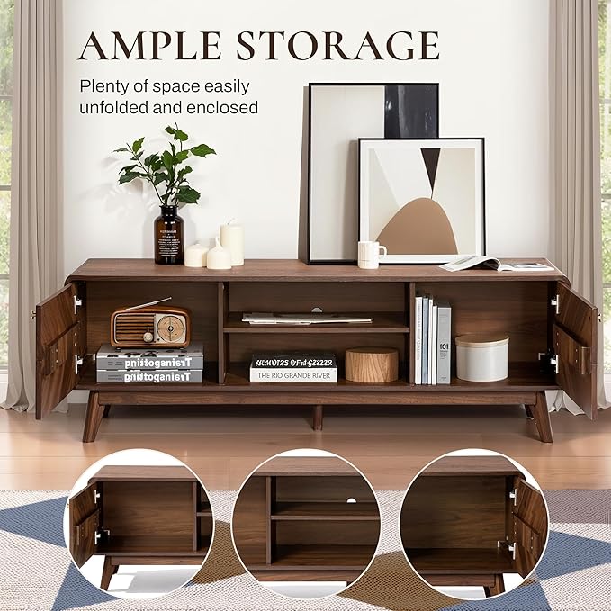 LuxenHome Mid Century Modern TV Stand, 63" TV Stands for Living Room for TVs up to 65", Entertainment Center with Storage, Wood TV Console with Tapered Legs, Television Stands