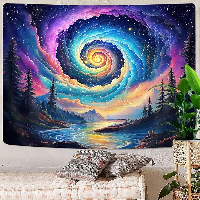 Galaxy Space Tapestry, Cool Colorful Trippy Forest Mountain River Aesthetic Tapestries, Psychedelic Starry Sky Swirls Misty Fantasy Landscape Tapestry Wall Hanging College Bedroom for Guys Men 80X60