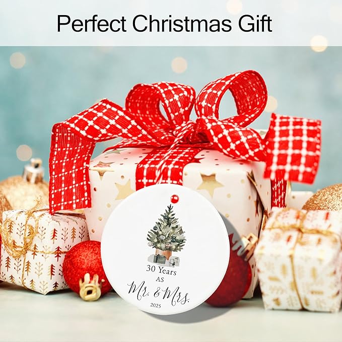 30th Anniversary Ornament Gifts for Couple,Parents, 30th Wedding Anniversary for 30 Year as Mr and Mrs Gifts, Ceramic Keepsake 30 Year Anniversary Christmas Ornaments with Ribbon and Box