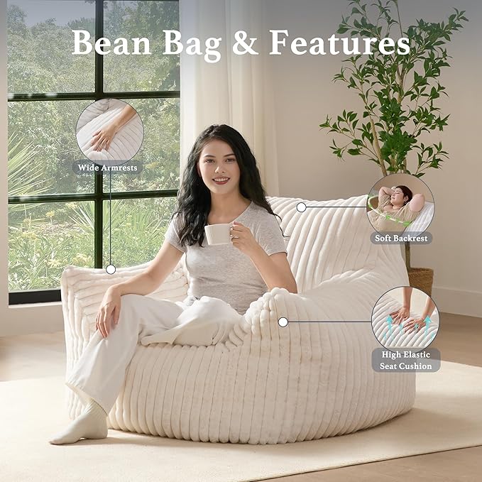 Giant Plush Bean Bag Chair for Adults with Armrests - Oversized Comfy Beige Beanbag Lounge Lazy Floor Sofa Accent Chair for Living Room, Bedroom & Dorm, Cozy Fluffy Single Cloud Mini Couch