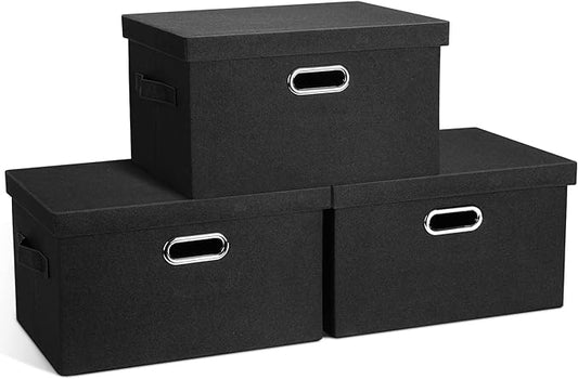 Medium 15" 21 Quart Collapsible Stackable Storage Bins with Lids, 3 Packs Black Foldable Fabric Closet Boxes Heavy-duty Lidded Linen Cube Basket Container Organizer and Storage for Bedroom