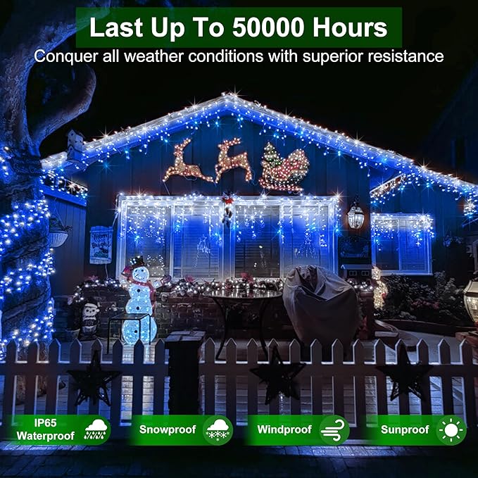612 LED 60FT Icicle Christmas Lights - 136 Drops Waterproof 12 Modes Memory Timer, Outdoor Hanging Roof Lights for Eaves Gutter Xmas Tree Holiday Decorations Blue & White