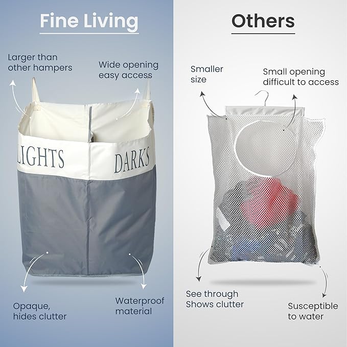 The Fine Living Co. X-Large Two Compartments Hanging Laundry Hamper with Over Door Hooks, Durable Space Saving Laundry Bag Storage with Bottom Zipper, Wide Open Top Dark/Light Compartment(25"x10"x31")