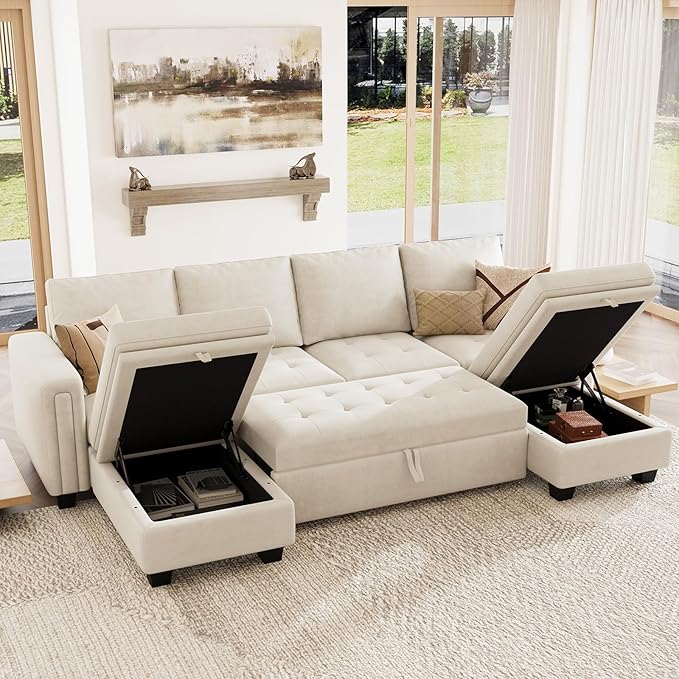 Belffin Modular Sectional Sleeper Sofa with Pull Out Bed Velvet Convertible U Shaped Sectional Sofa Couch with Storage Chaises for Living Room Beige