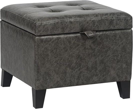 Adeco Faux Leather Storage Ottoman Bench with Wood Legs, 17.7" Square Mixed Grey PU Cube Foot Stool, Upholstered Button Tufted Vanity Chair with Hinged Lid for Living Room, Bedroom, Dorm