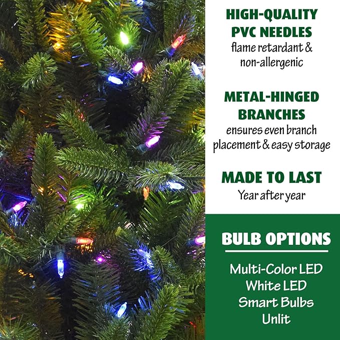 Fraser Hill Farm 9-Ft. Carmel Pine Slim Artificial Christmas Tree with Dual Multicolor & Warm White LED Lights and Stand, Prelit Foldable Fake Tree with Realistic Foliage for Home Decoration