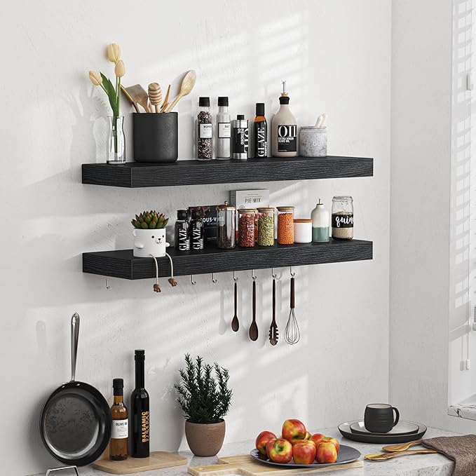 Floating Shelves - 2 Pack 9 Inch Rustic Wooden Wall Shelves - Extra Deeper & Thicker Wall Mounted Storage Shelf for Living Room, Kitchen, Farmhouse - 24" W x 9" D x 1.6" H - Rustic Black