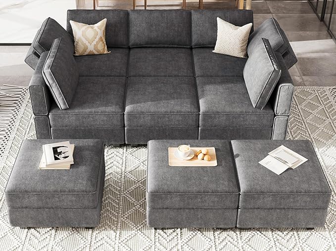 Belffin Modular Sectional Sleeper Sofa Couch with Storage Ottoman Convertible Sectional Couches for Living Room Terry Reversible Chaise. Dark Grey Sofa