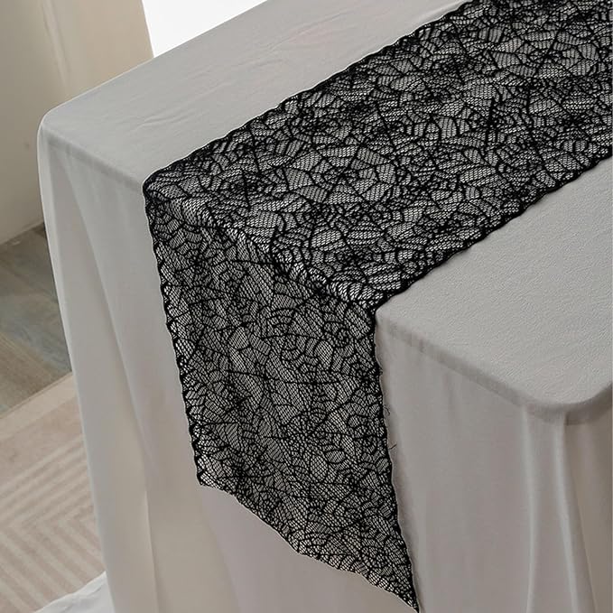 Halloween Spiderweb Lace Table Runners Black Cobweb Designs Table Cover Flag Halloween Tabletop Centerpieces & Fireplace Mantel Decorations for Autumn Home Indoor Party Decor