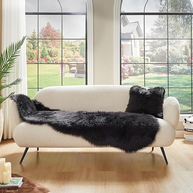 AMTOVO Faux Sheepskin Rug, Black Ultra Soft Fluffy Shag Area Rug, 2 x 6 ft Faux Fur Rug for Bedroom Sofa Throw Cushion Room Decor, Sheepskin