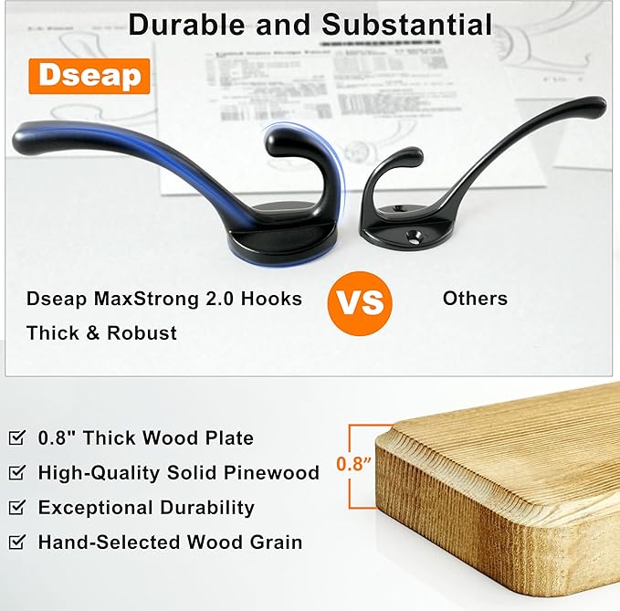 Dseap Coat Rack Wall Mount: Modern, Patented, Heavy-Duty, 17.4" Long 5-Double-Hooks Wooden Hanger Hook Rail for Winter Coats Hat Jacket Clothing, Black