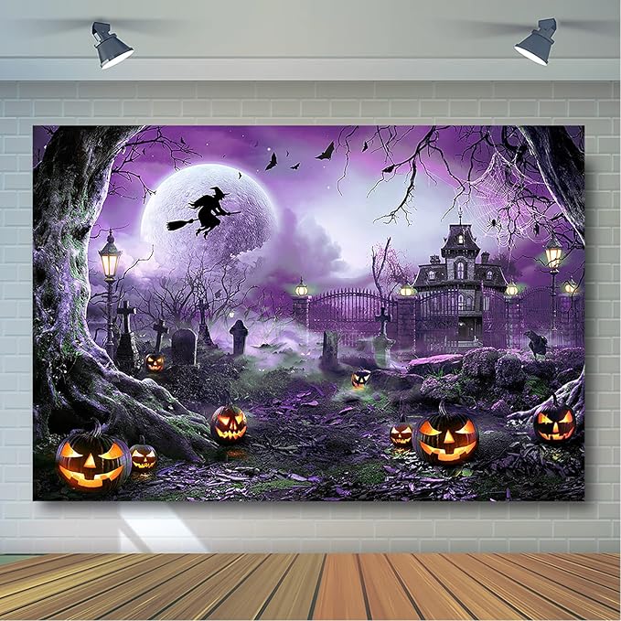 Avezano Halloween Photography Backdrop Full Moon Scary Night Castle Pumpkins Party Background Spooky Witch Bats Cemetery Child Kids Halloween Party Decorations Photoshoot Backdrops (10x7ft, Purple)