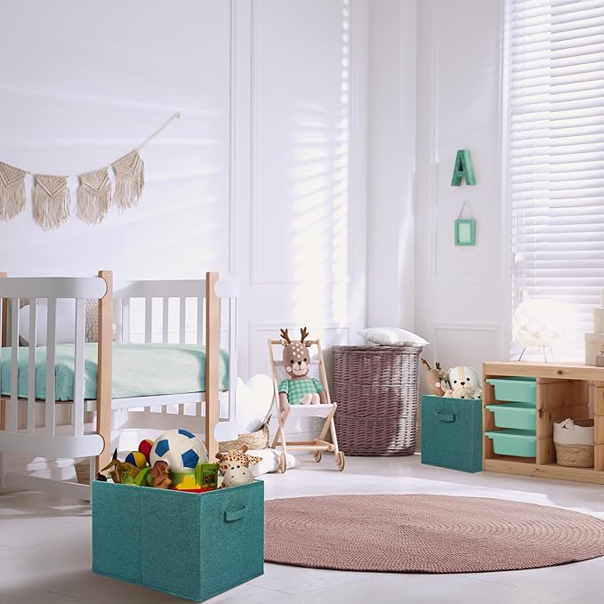 SIMPLE HOUSEWARE 15 x 13 Inch Collapsible Fabric Storage Bin with Handles, 2 Pack, Turquoise