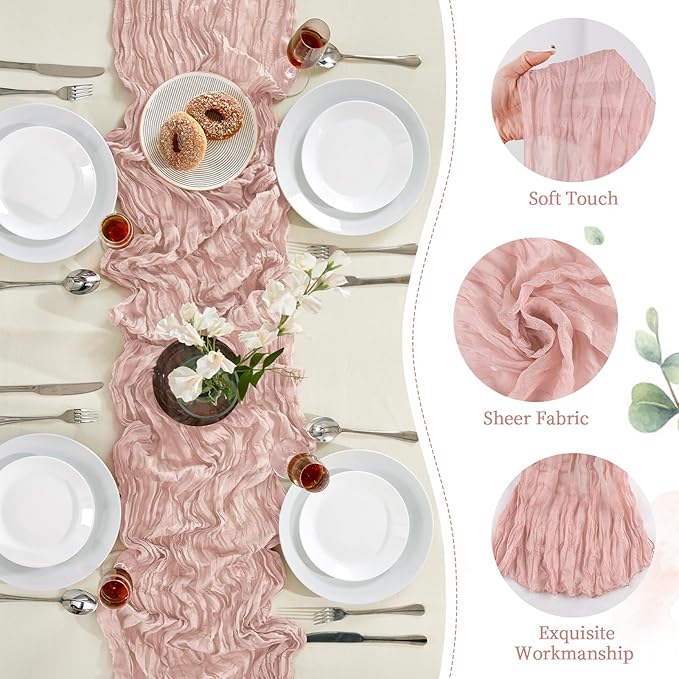 6 Pack Dusty Pink Cheesecloth Table Runner 10FT Long Boho Gauze Table Runner Rustic Sheer Runner for Wedding Bridal Baby Shower Birthday Party Table Decor Thanksgiving Christmas Decorations