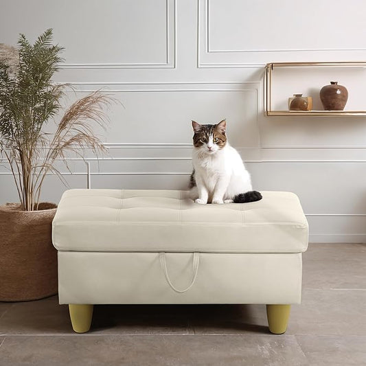 Ottoman Rectangular Storage Ottoman Bench, Faux Leather Footrest, Coffee Table, Stool Footstool with Hinged Lid for Living Room, Bedroom, Entryway, White, 35"x23.5"x17.5"