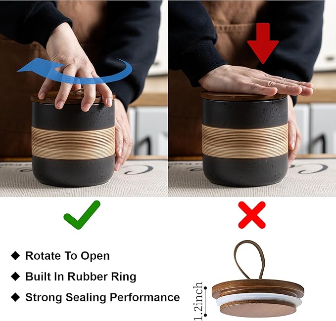 Small Ceramic Jar with Lid, Coffee Container Kitchen Food Storage Jars for Spice Sugar Tea Bag Matcha Container Airtight, Stacairtightkable Decorative Jars for Countertop, Black & 5oz