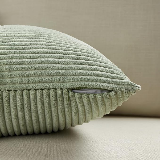 Fancy Homi 2 Packs Sage Green Lumbar Decorative Throw Pillow Covers 14x24 Inch for Couch Bed, Rustic Farmhouse Boho Home Decor, Soft Striped Corduroy Rectangle Accent Cushion Case 35x60 cm