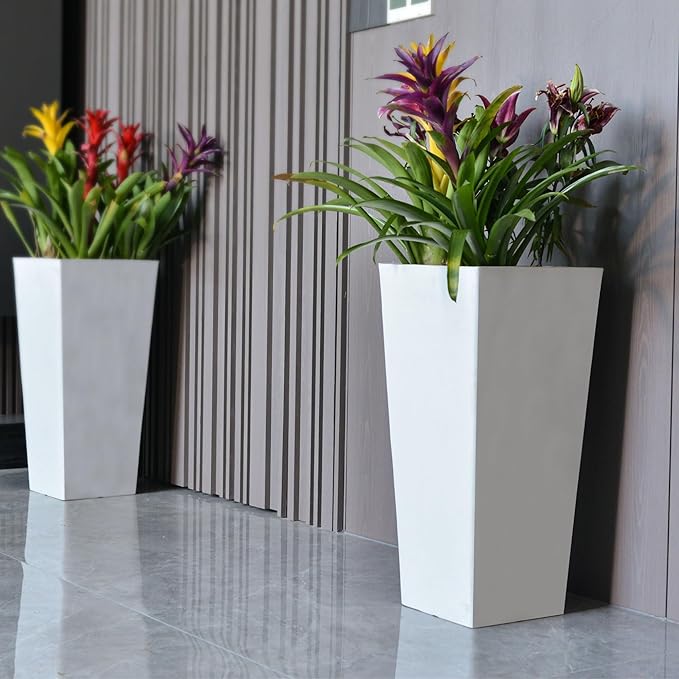 GreenShip 27" Tall Planters, Set of 2 – Black Outdoor Planter for Front Porch & Tall Plants, Weather-Resistant, with Drainage Hole & Rubber Plug (No Plants Included) (White-2pcs)